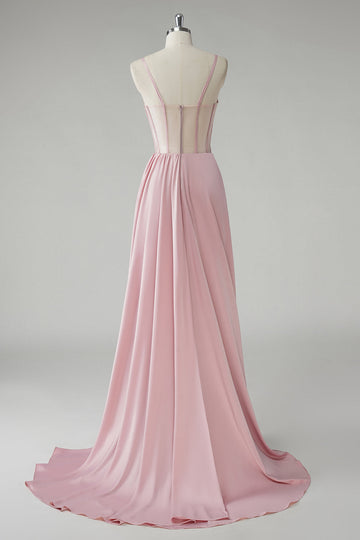 Blush Sheath Spaghetti Straps Corset Pleated Sheath Long Prom Dress